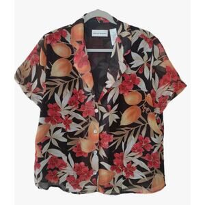 Alfred Dunner blouse floral short sleeve button collar boho tropical fall colors